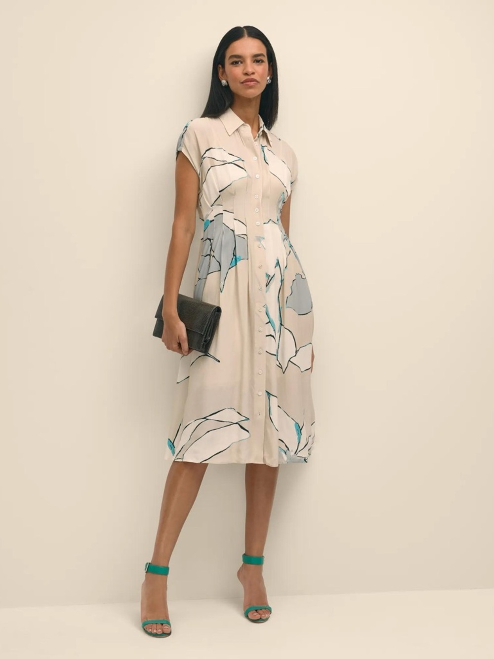 Brooks Brothers Crepe A- Line Abstract Floral Shirt Dress in Cream / Gray medium